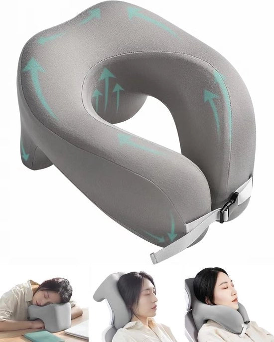 Cuscino gonfiabile per auto - cuscino per viaggio multifunzionale per auto e treno - progettato ergonomicamente - supporto comodo per la testa e il viso - per ufficio - colore grigio chiaro