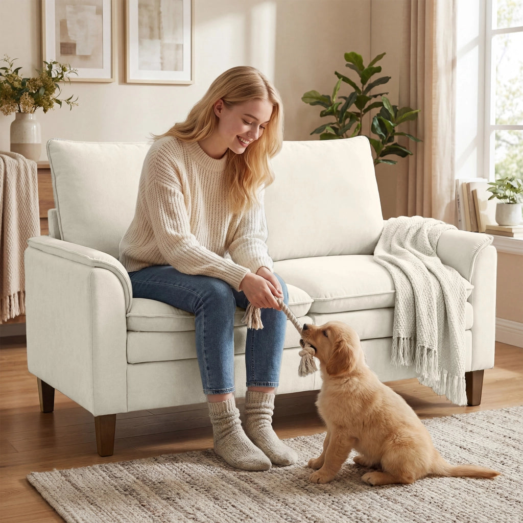 Divano 2 posti in tessuto Chenille ¨C Xylo ¨C imbottitura doppio strato, schienale alto, crema