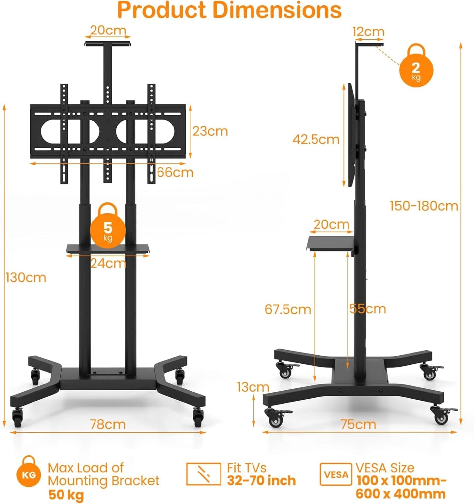 Supporto TV da Pavimento per TV LCD LED da 32-70 Pollici, Supporto TV Regolabile in Altezza a 8 Livelli, Carico 50 KG, VESA Max 600 X 400 MM, con Ripiano per TV Piatto/Incurvi, per Casa, Ufficio