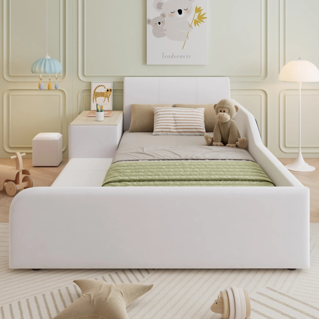Letto singolo imbottito ULEVR 90x200 cm con scrivania, sgabello e ripiano, velluto bianco