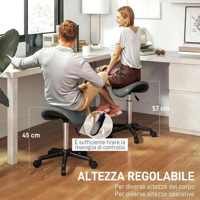 SGABELLO GIREVOLE A SELLA CON RUOTE E ALTEZZA REGOLABILE, IMBOTTITO E RIVESTITO IN FINTA PELLE, GRIGIO