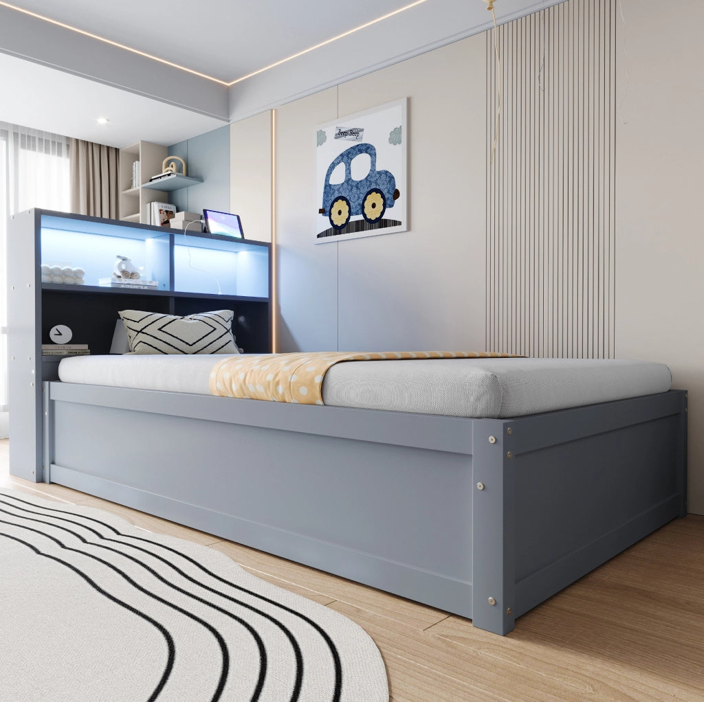 Letto 90x200 cm con presa multifunzione; LED e vani portaoggetti in legno grigio