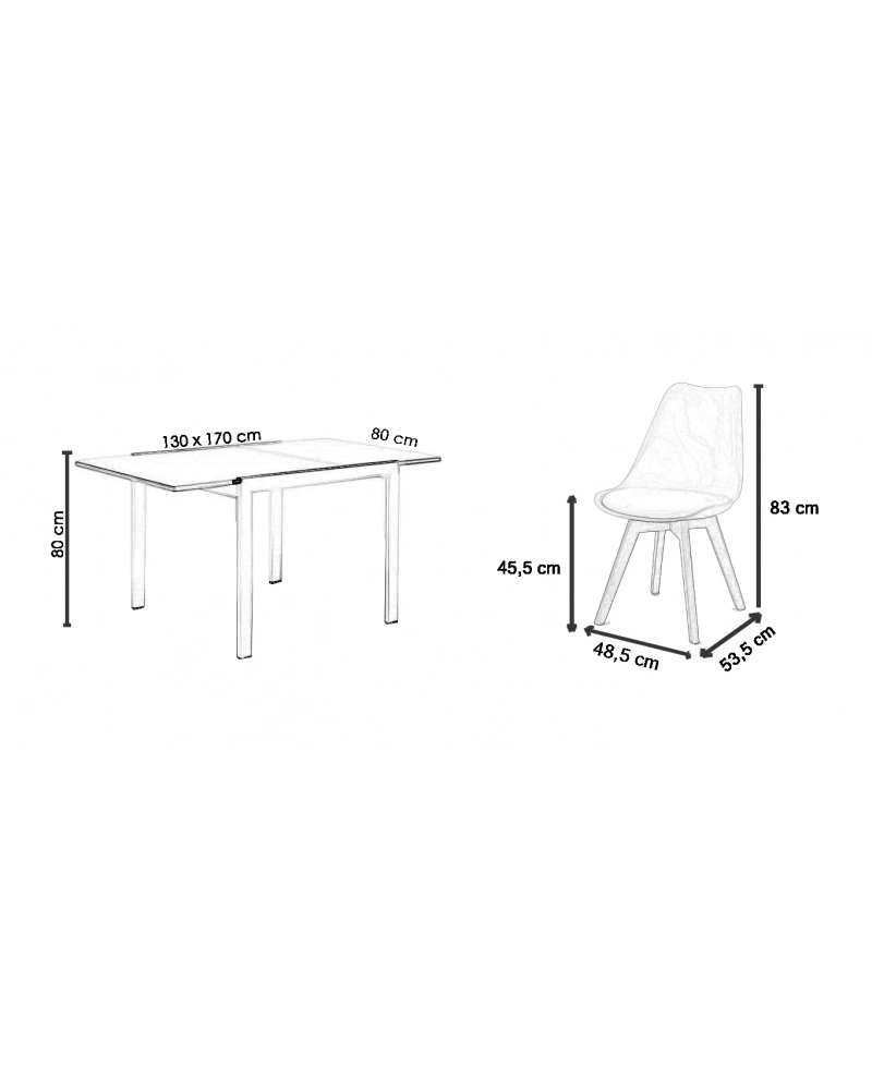 Tavolo da sala bianco allungabile in vetro temperato grigio 130-170cm con 4 sedie e cuscini Sicorage LEGRES