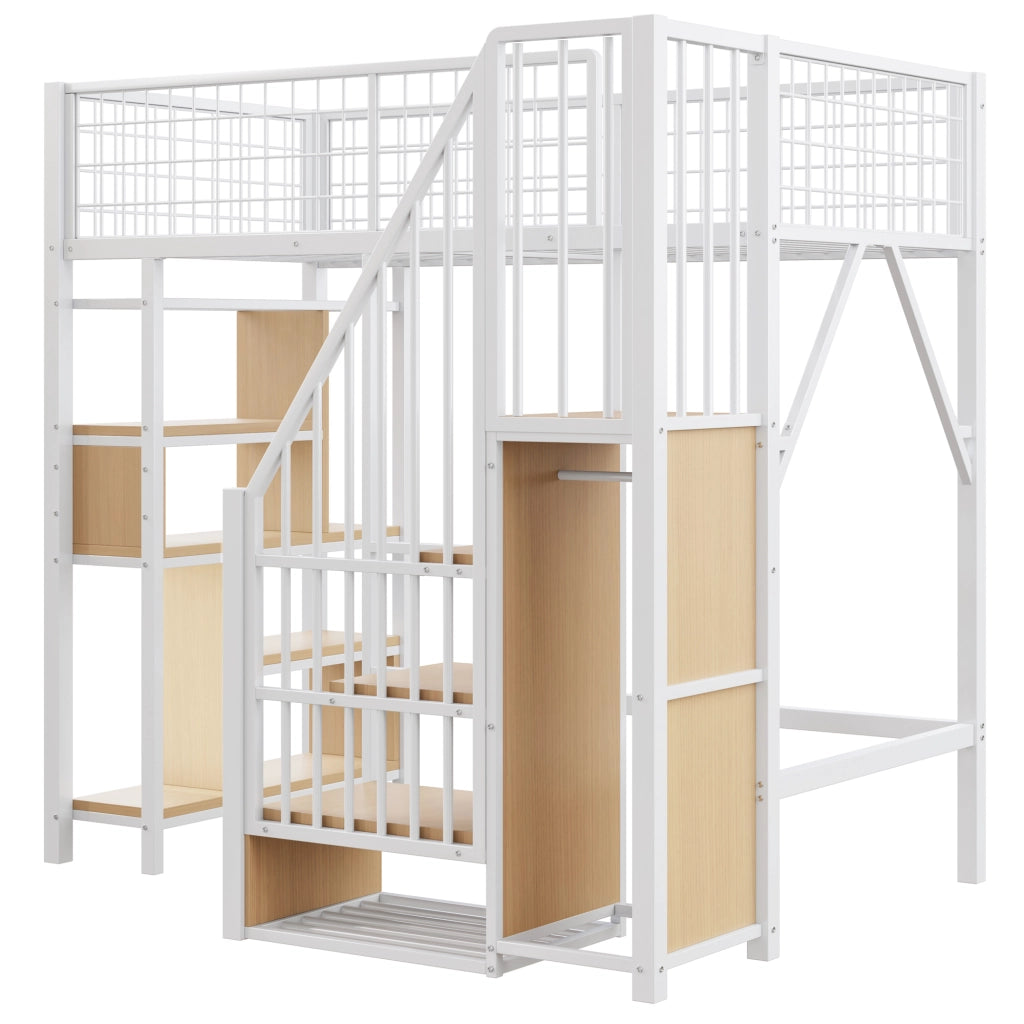 Letto a Soppalco Singolo con Scala Contenitore e Ripiani; 90×200 cm; senza Materasso; Bianco