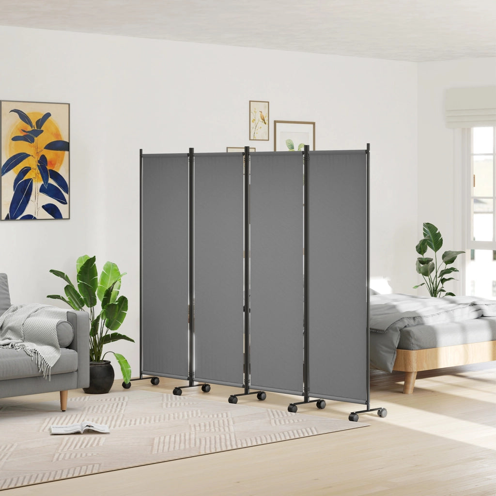 Paravento da Esterno e Interno a 4 Pannelli Pieghevole 221x50x172 cm con Ruote in Metallo e Poliestere Grigio Scuro