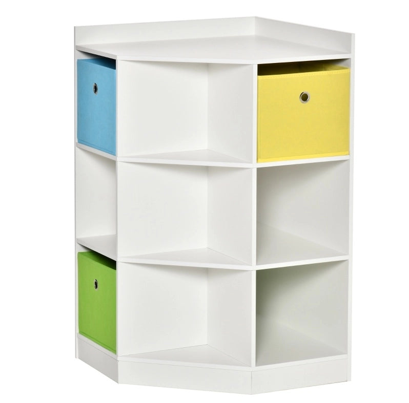 Scaffale angolare per cameretta con 9 vani e 3 cassetti bianchi