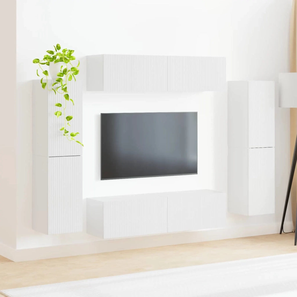 Set mobile TV 8 pcs Bianco Lucido Legno multistrato