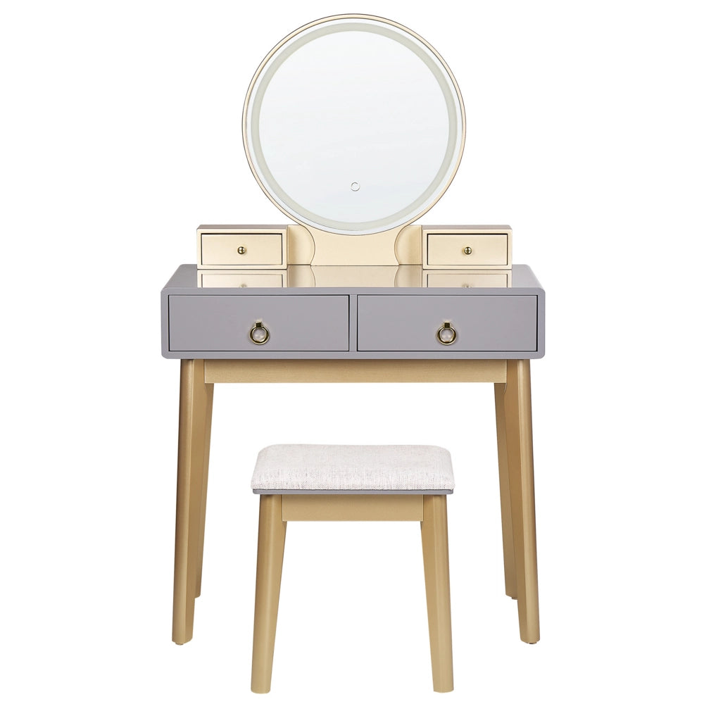Toeletta in legno MDF e poliestere 4 cassetti grigia e dorata con sgabello e specchio LED camera da letto soggiorno