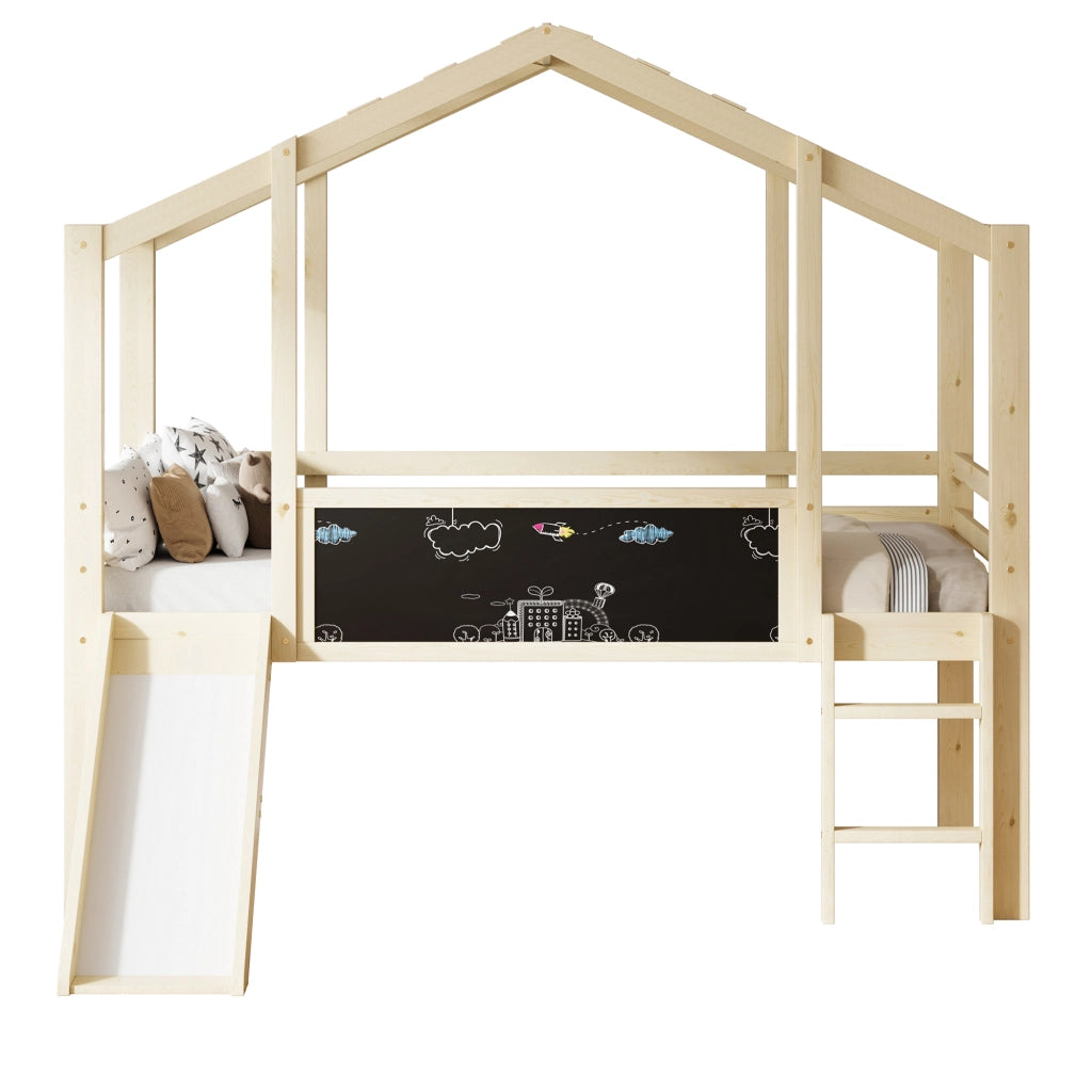 Letto a castello in legno massello naturale con scivolo e lavagna integrata 90x200 cm