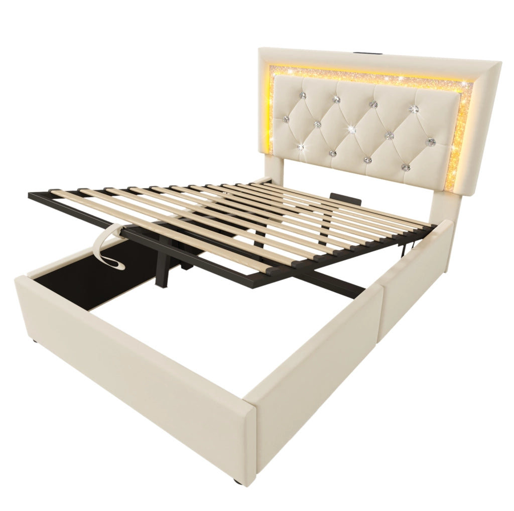 Letto singolo imbottito ULEVR 90x200 cm con contenitore idraulico, LED, USB e Type-C, velluto beige