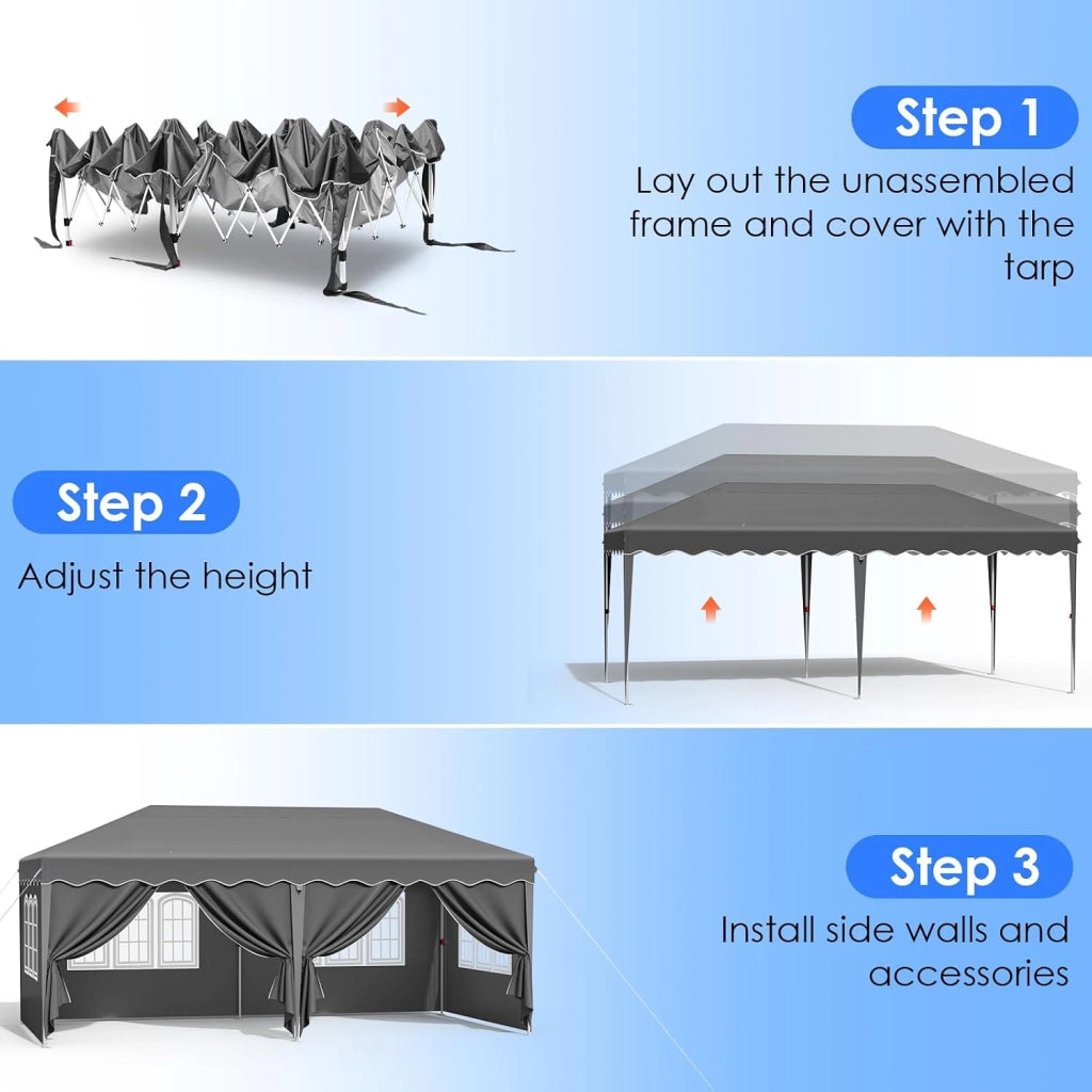 Gazebo 3x6 Pieghevole Impermeabile,Pergola Gazebo Esterno Resistente con 4 Pannelli Laterali, 420D Oxford Ispessente,Protezione UV 50+,Feste Campeggio Matrimonio,Spiaggia, Cortile, Giardino, Grigio