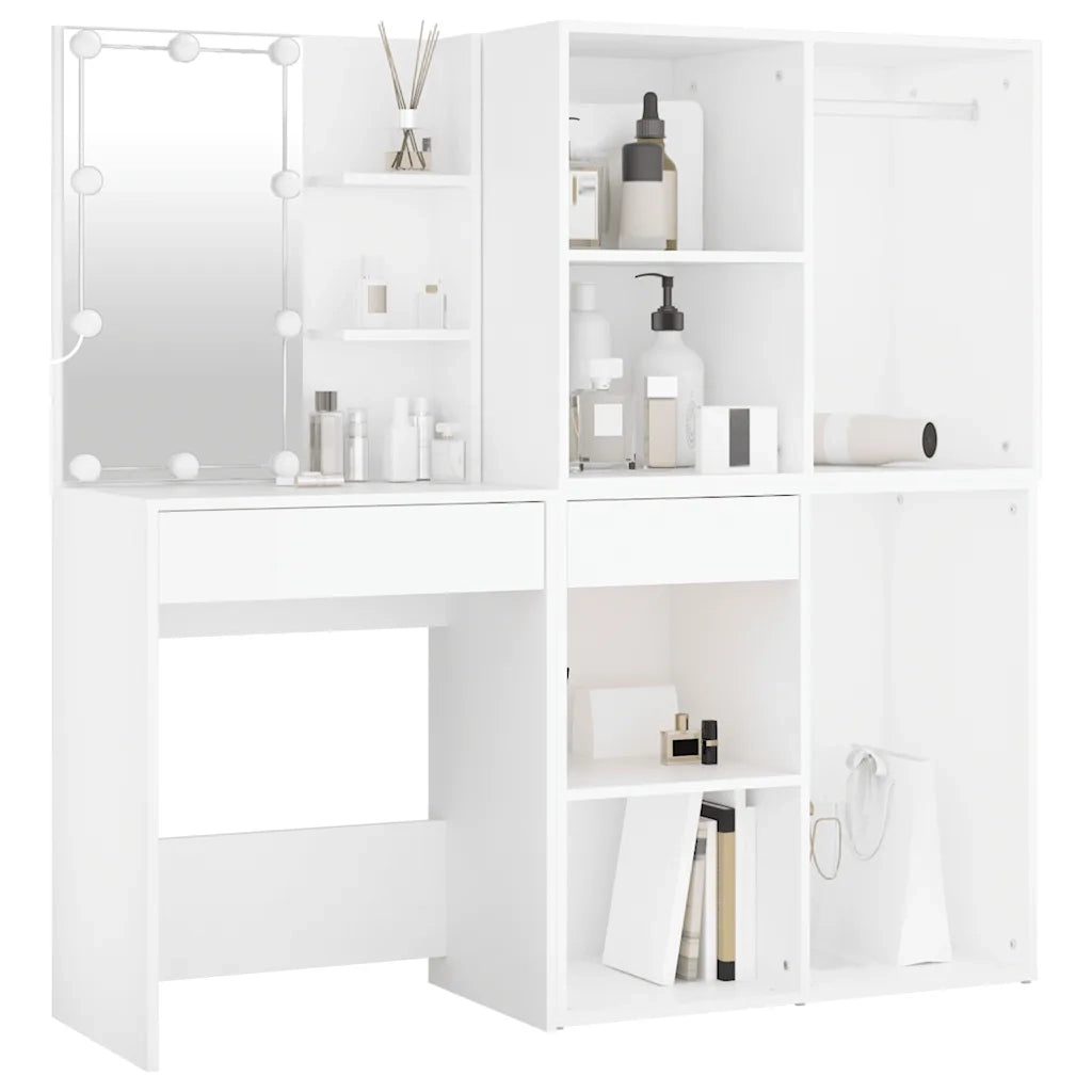 Toeletta | Tavolo da Trucco LED con 2 Armadietti in Legno Multistrato Bianco