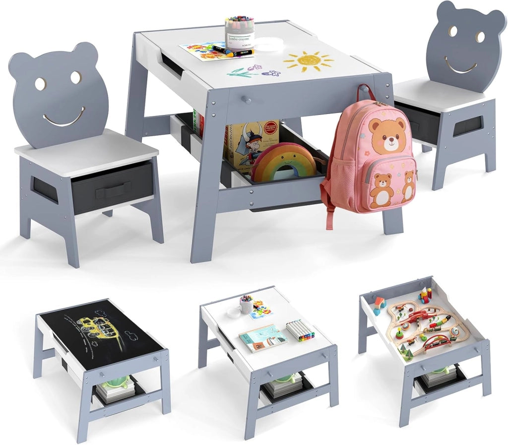 Set Tavolo e 2 Sedie per Bambini, 5 in 1 Tavolino e Sedie con 4 Ganci, 3 Scatole in Tessuto e Lavagna Reversibile per Bambini 3+ Anni per Cameretta Ragazzi (Grigio, Stile 4)