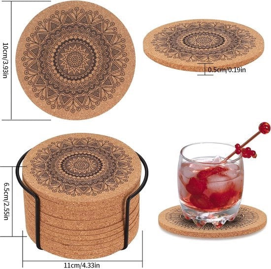 Pacco di 12 sottopiani in gomma, sottopiani in vetro, gomma, sottopiani 4 pollici, sottopiani per bicchieri, sottopiani assorbenti riutilizzabili, mandala in legno per caffè, bar, cucina, con supporto metallico.