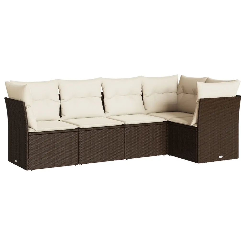 Set Divano da Giardino 5 pz | Set Salotto da Giardino con Cuscini Marrone in Polyrattan