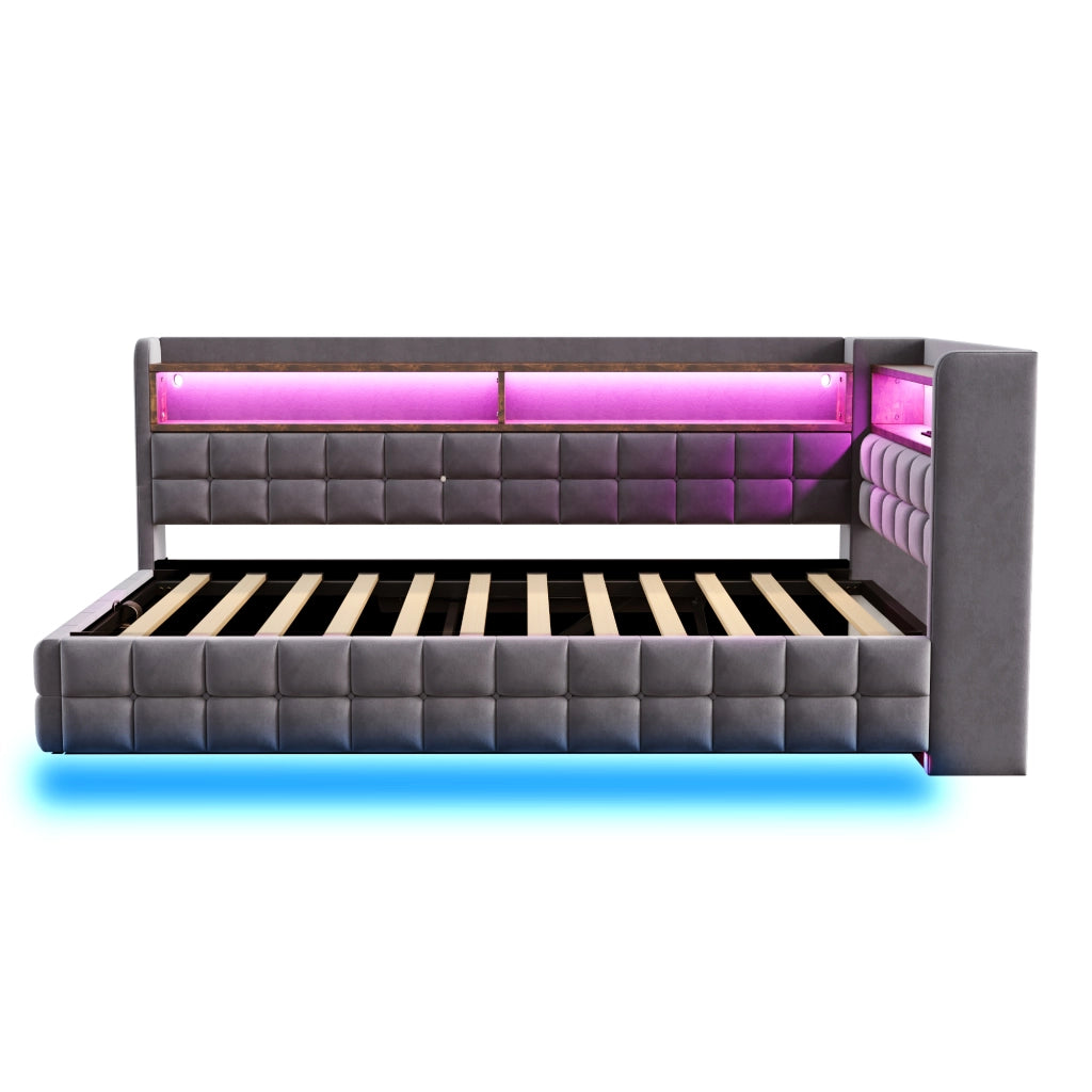 Letto imbottito 90x200 cm con contenitore; LED e prese in velluto grigio