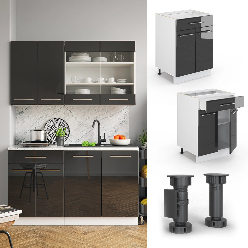 Vicco Mobiletto base per cucina Antracite lucido 60 cm con cassetto, senza piano di lavoro