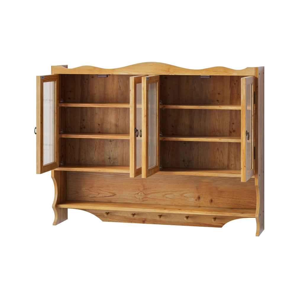 Mobile da parete in legno massello e vetro, 4 ante, 100 x 20 x 80 cm, colore naturale