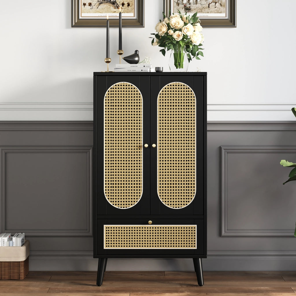 Credenza Alta con 2 Ante e 1 Cassetto; Frontali Effetto Rattan; Stile Moderno; in Pannelli di Particelle; Nero; 60¡Á40¡Á110;5 cm