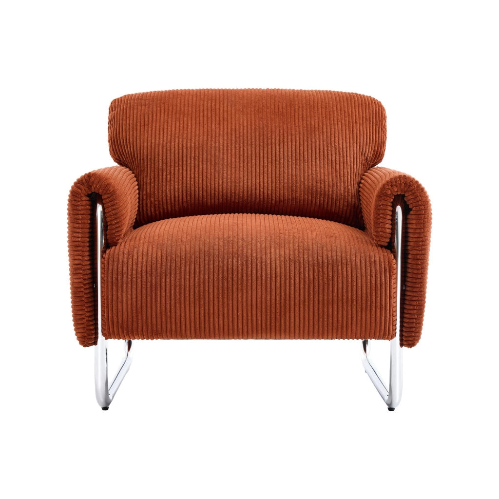 Poltrona vintage in velluto a coste con struttura cromata, terracotta