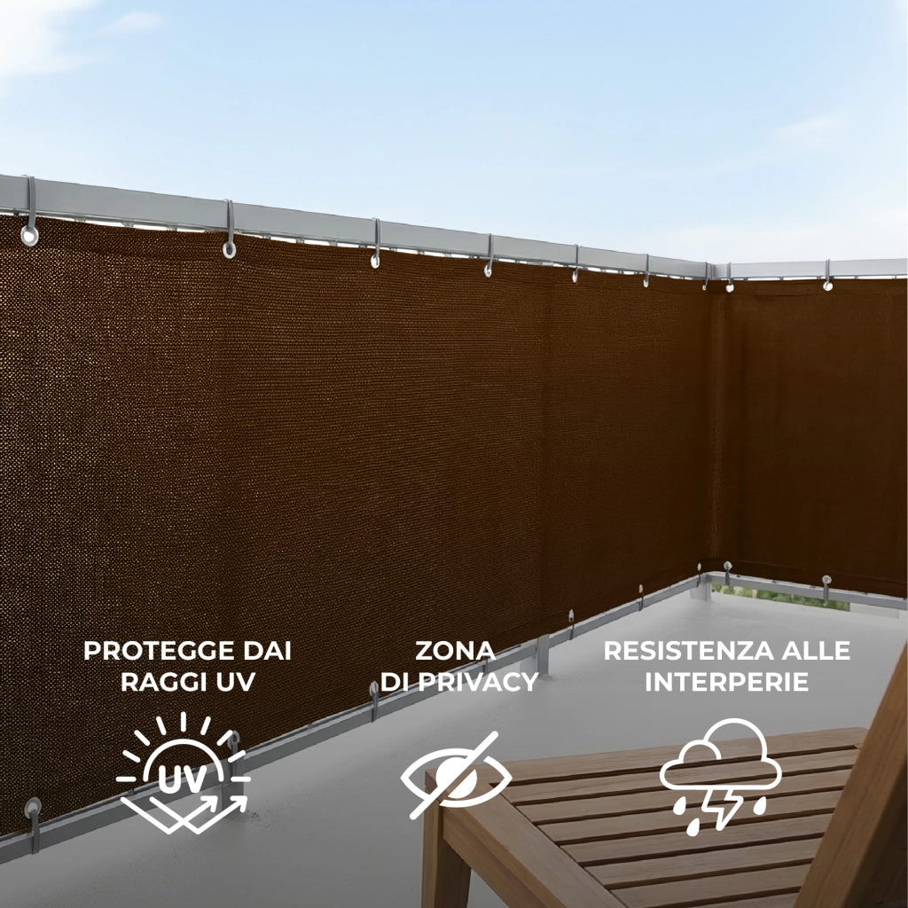 Telo Copribalcone Ombreggiante 90% con Occhielli 90x500 Cm per Privacy e Protezione Esterno Frangivista Marrone