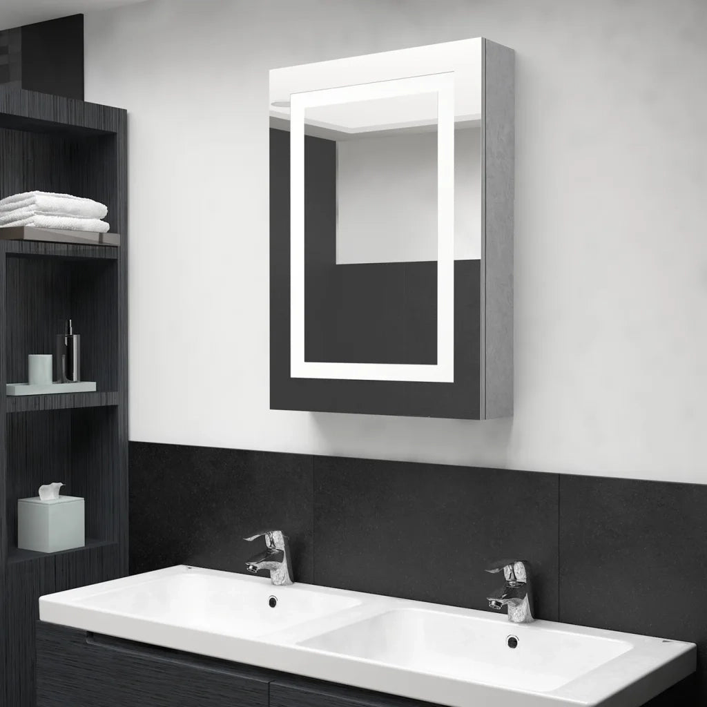 Armadietto Bagno | Armadio da bagno con Specchio e LED Grigio Cemento 50x13x70 cm