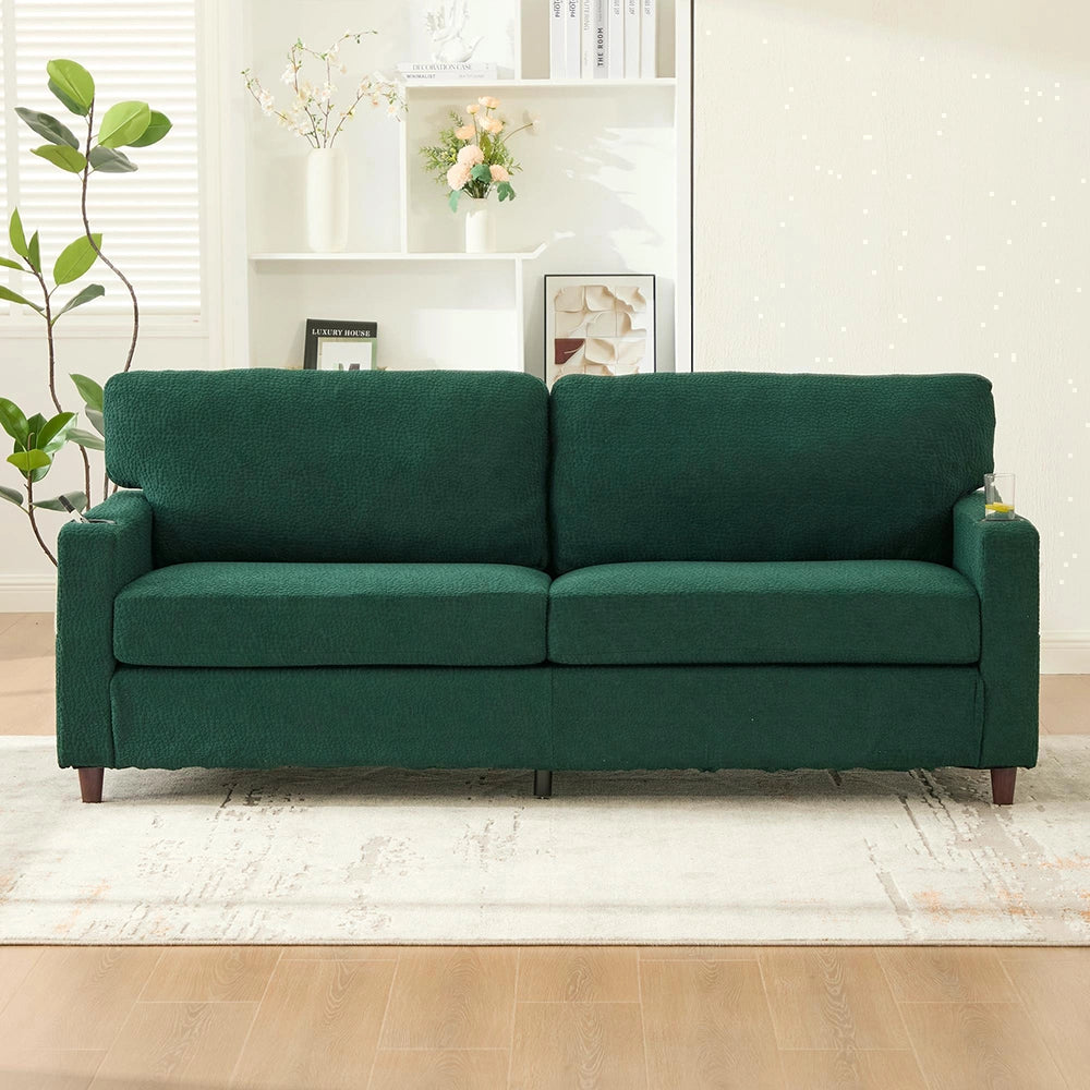 Divano 2 posti - Xylo - Chenille, LED, USB-C, porta bicchieri, verde smeraldo