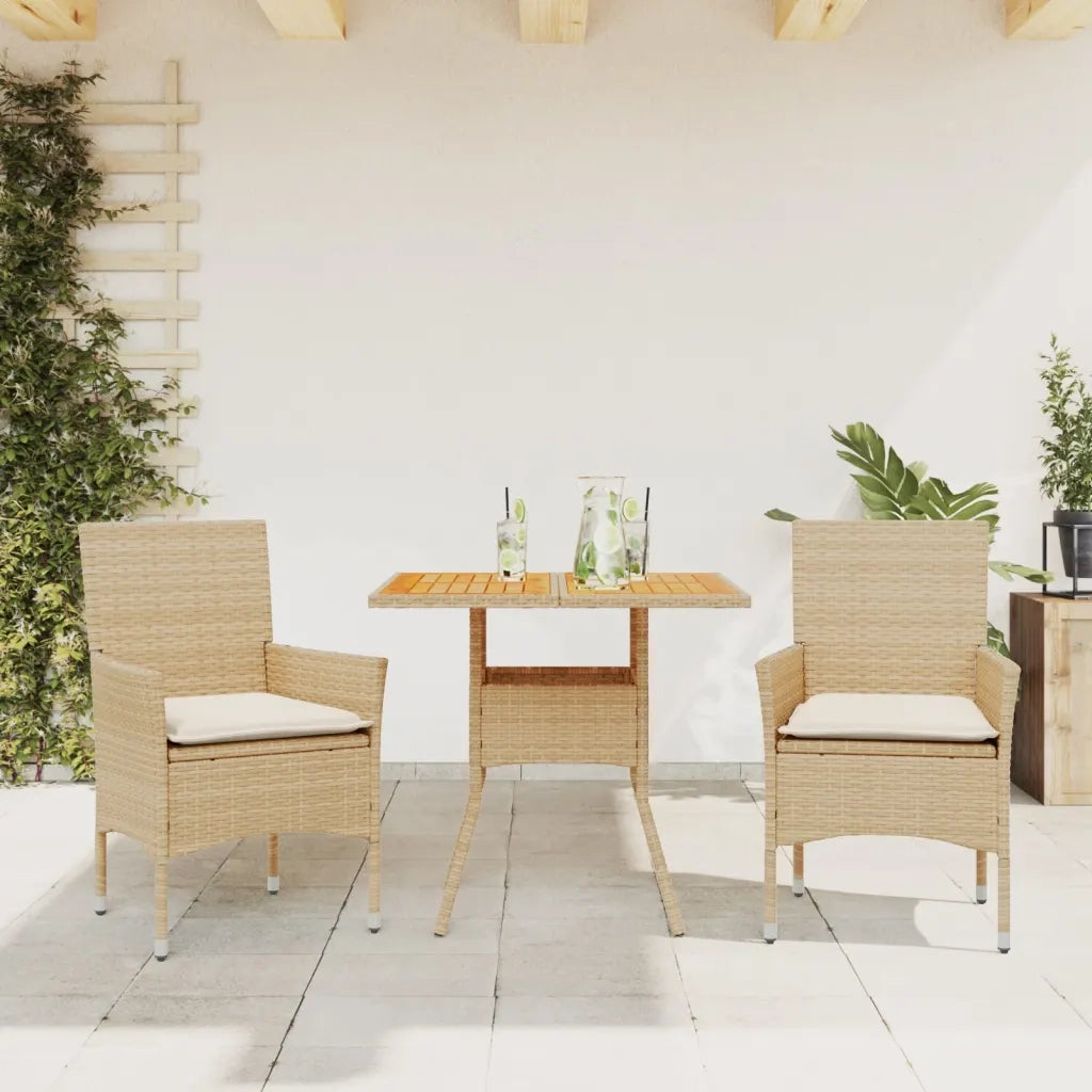 Set Pranzo da Giardino 3 pz | Set Salotto da Giardino con Cuscini Beige Polyrattan Acacia
