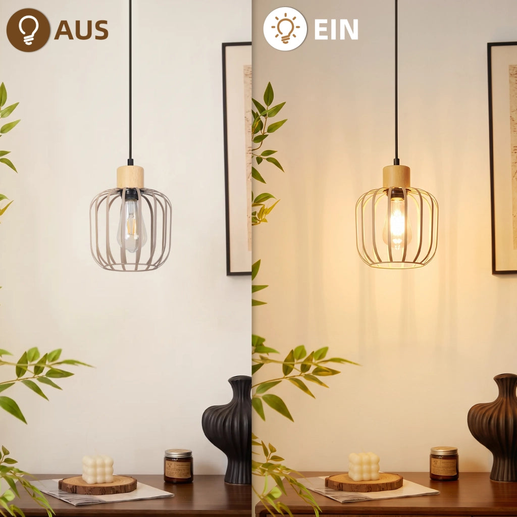 ZMH Lampada a Sospensione 1 Luce Legno Grigio E27 Moderna per Soggiorno Cucina Isola Corridoio Senza Lampadina