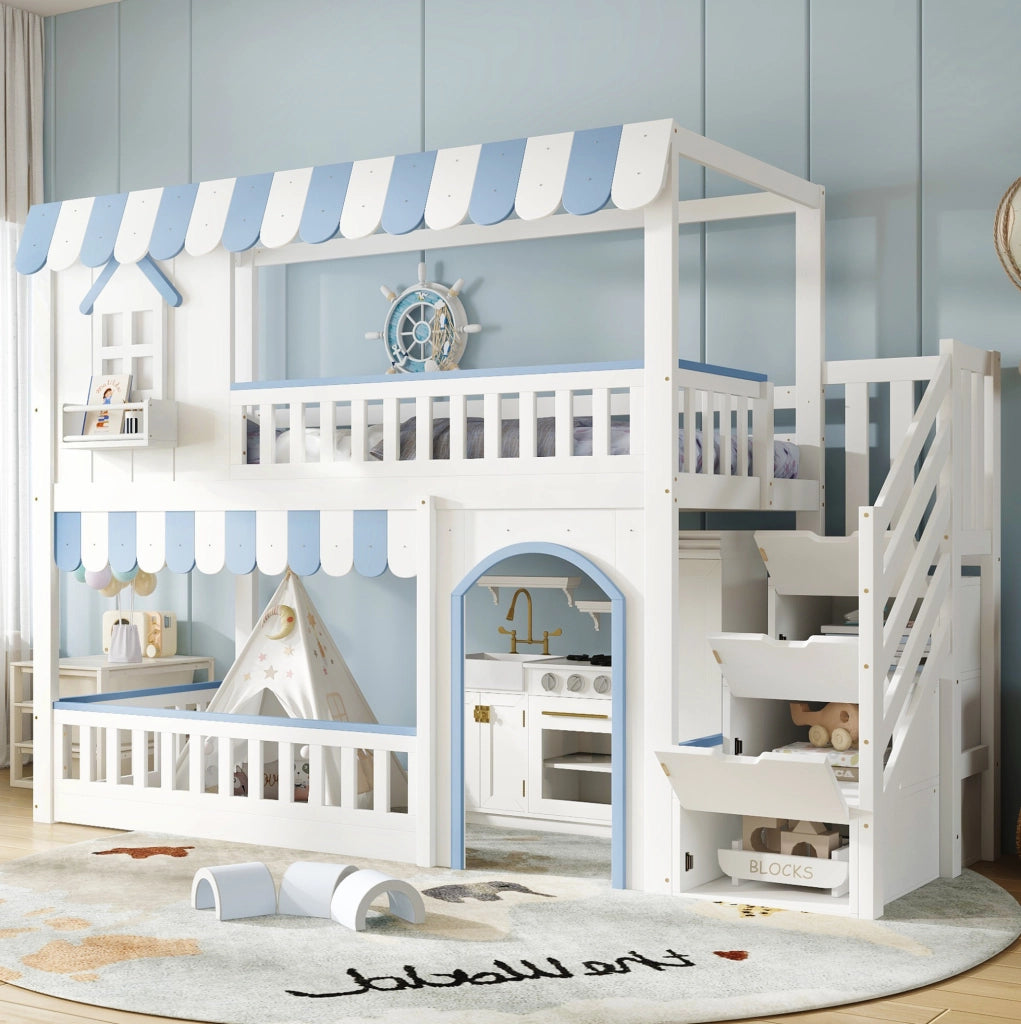 Letto a castello per bambini 90x200 cm bianco e blu con scala contenitore