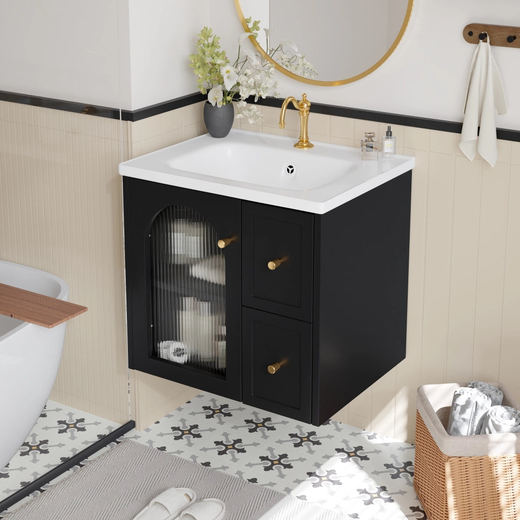 Mobile Bagno Sospeso con Lavabo in Ceramica, LED e Anta in Vetro ¨C MINIMAL ¨C Nero/Bianco