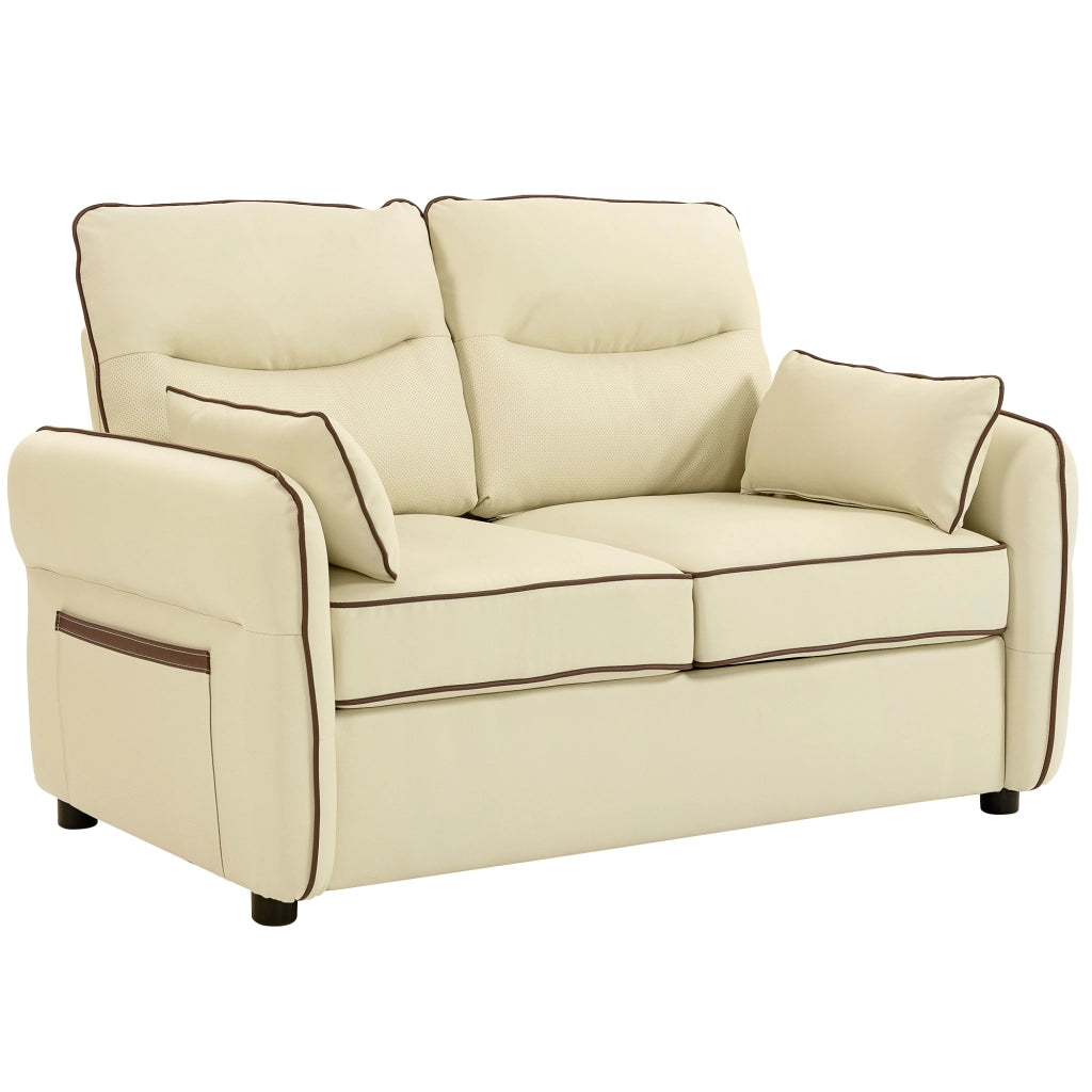 Divano 2 Posti 136x81x90 cm con Imbottitura Spessa Tasca Laterale e 2 Cuscini in Finta Pelle Beige
