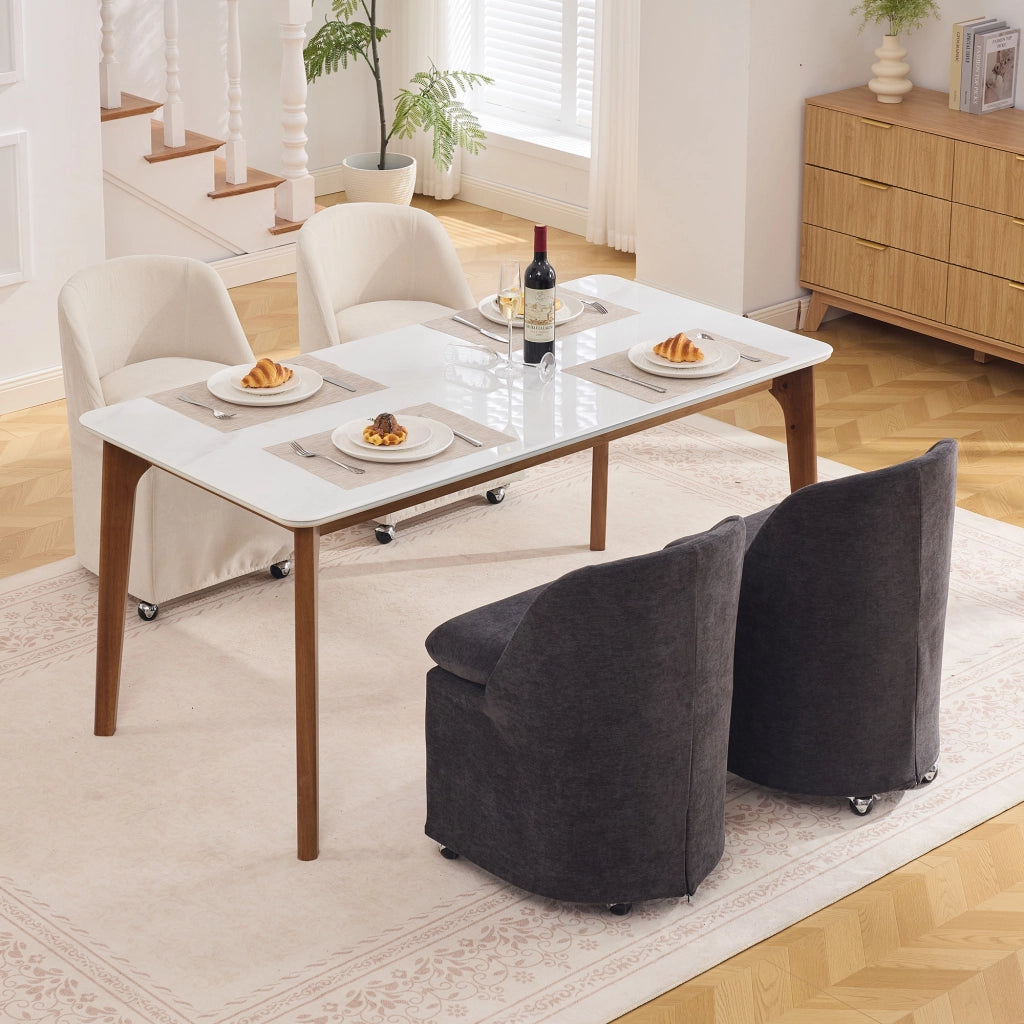 Sedia da Pranzo Set da 2 con Ruote 360° e Rivestimento Sfoderabile senza Braccioli in Ciniglia Beige
