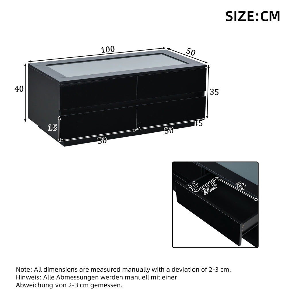 Tavolino da salotto nero 100¡Á50¡Á40 cm con 4 cassetti, piano in vetro temperato, LED e frontali lucidi