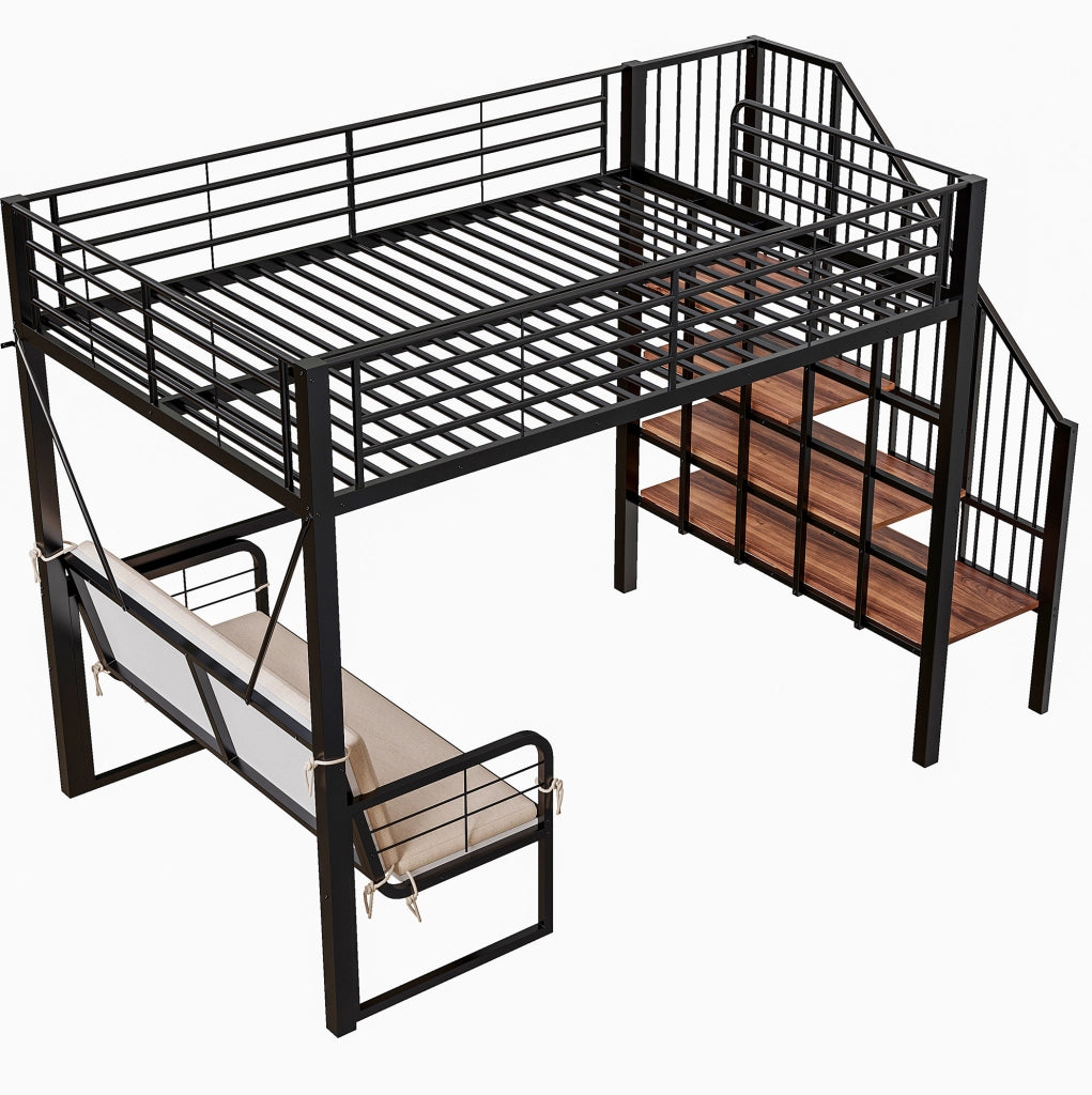 Letto a castello 140x200 cm in metallo e MDF con divano imbottito rimovibile; scala contenitore; nero