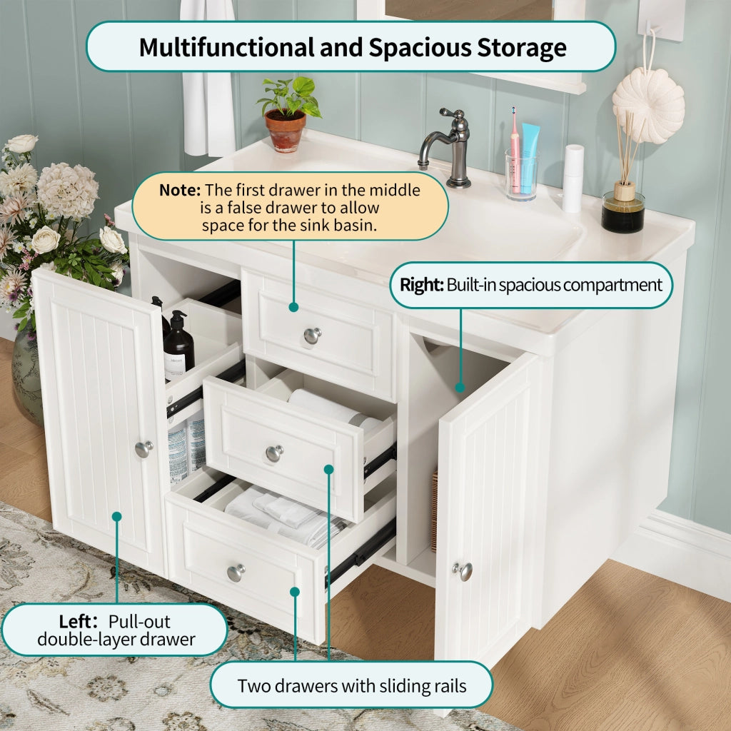 Mobile sottolavabo sospeso con lavabo in ceramica e 2 cassetti, in MDF e metallo, bianco, 78,5 × 46 × 46,8 cm