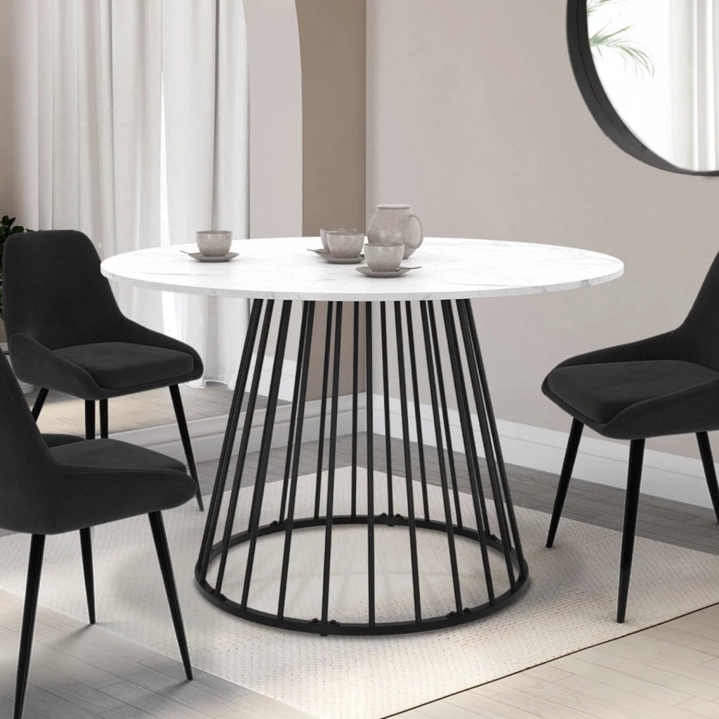 IDMarket - Tavolo da pranzo rotondo YUNA 6 persone con piano in marmo bianco ALASKA e gamba in filo metallico nero 110 cm