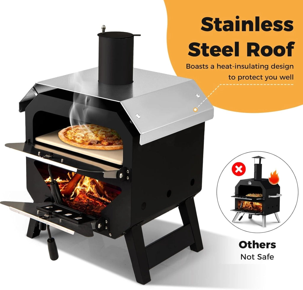 Pizza aperta all'aperto, forno per pizza portatile con pietra per pizza, pala per pizza e copertura in tessuto Oxford, forno a legna in acciaio inox con manici, forno per pizza per giardino