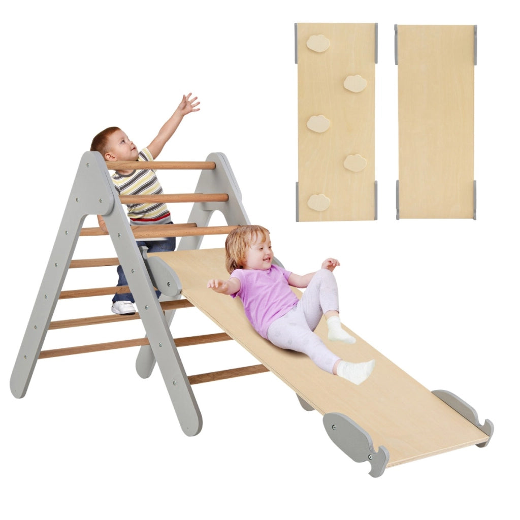 Arrampicata giocattolo a triangolo per bambini 3-in-1, Arrampicatore con rampa di scivolo a 2 lati Grigio-Arrampicate e scivoli