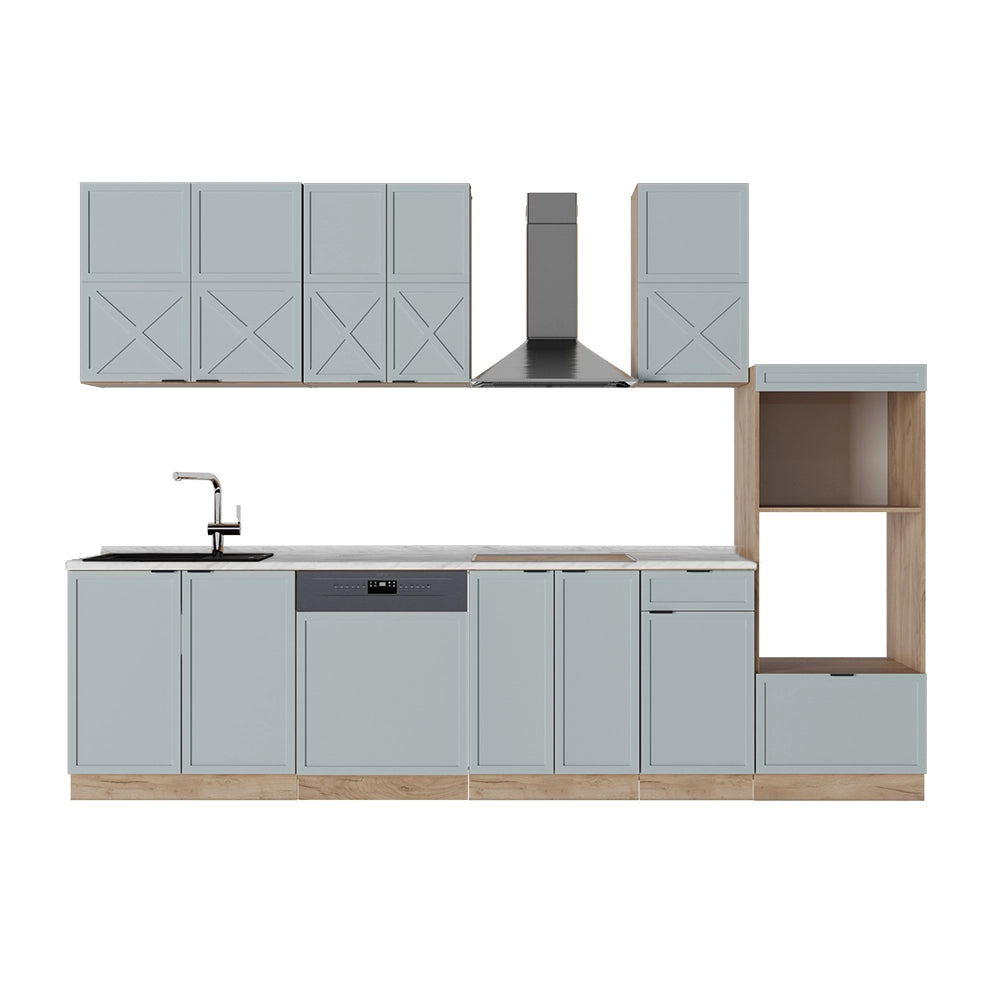 Cucina componibile Fame-Line Blu-grigio chiaro/Rovere dorato 300 cm con armadio alto, PL Marmo Vicco