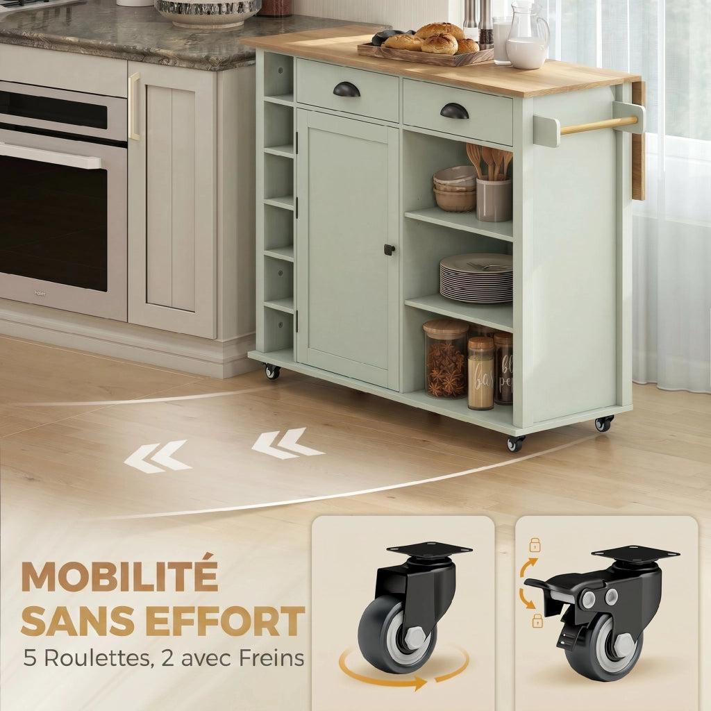 Tavolo da cucina allungabile con rotelle e cassetti ¨C zephmum ¨C verde 120x60x90 cm