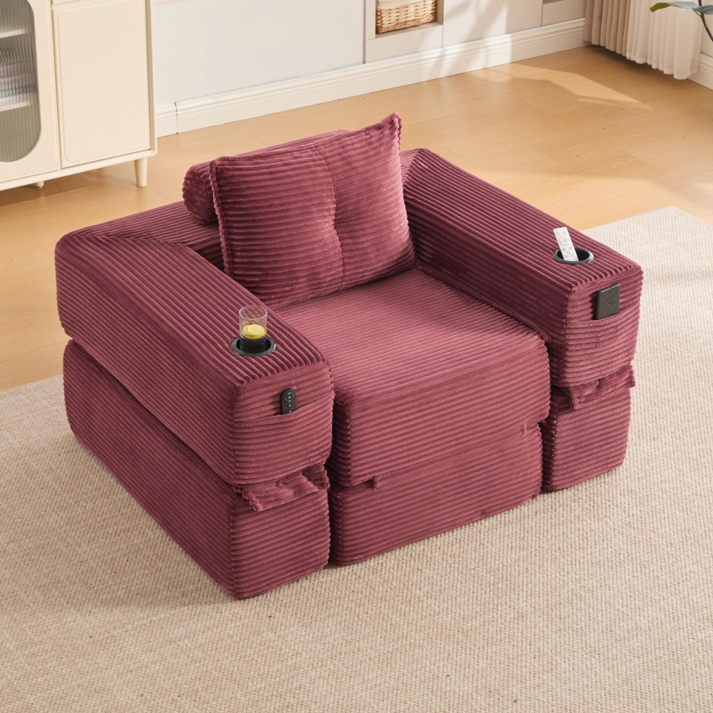 Divano letto modulare con tasche laterali e portabicchieri in velluto a coste rosso vino 122 × 98 × 80 cm