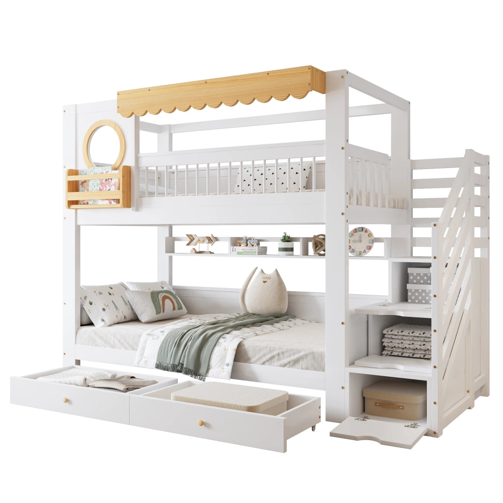 Letto a Castello 90x200 cm con Scala Contenitore; 2 Cassetti e Sponda in Legno