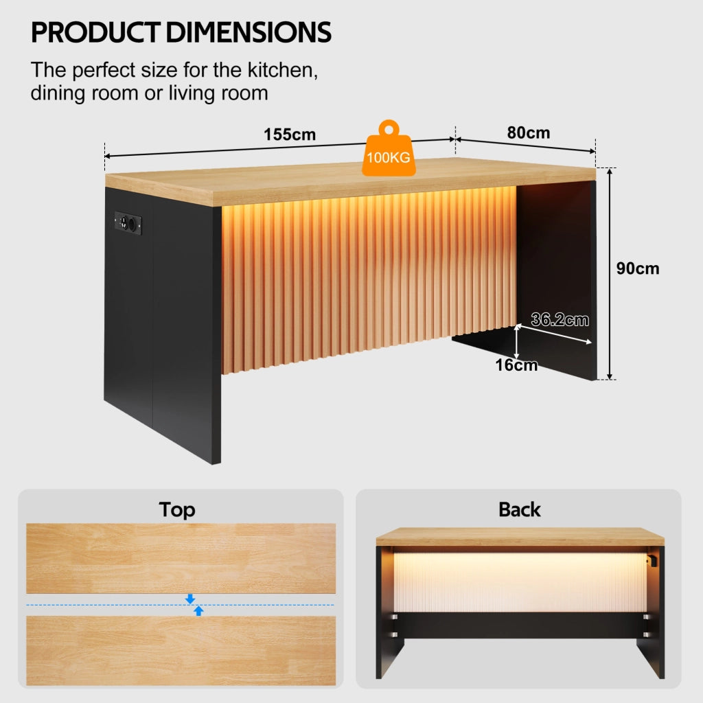 Isola da cucina 155x80x90 cm in MDF; nero e naturale; LED; prese EU; USB