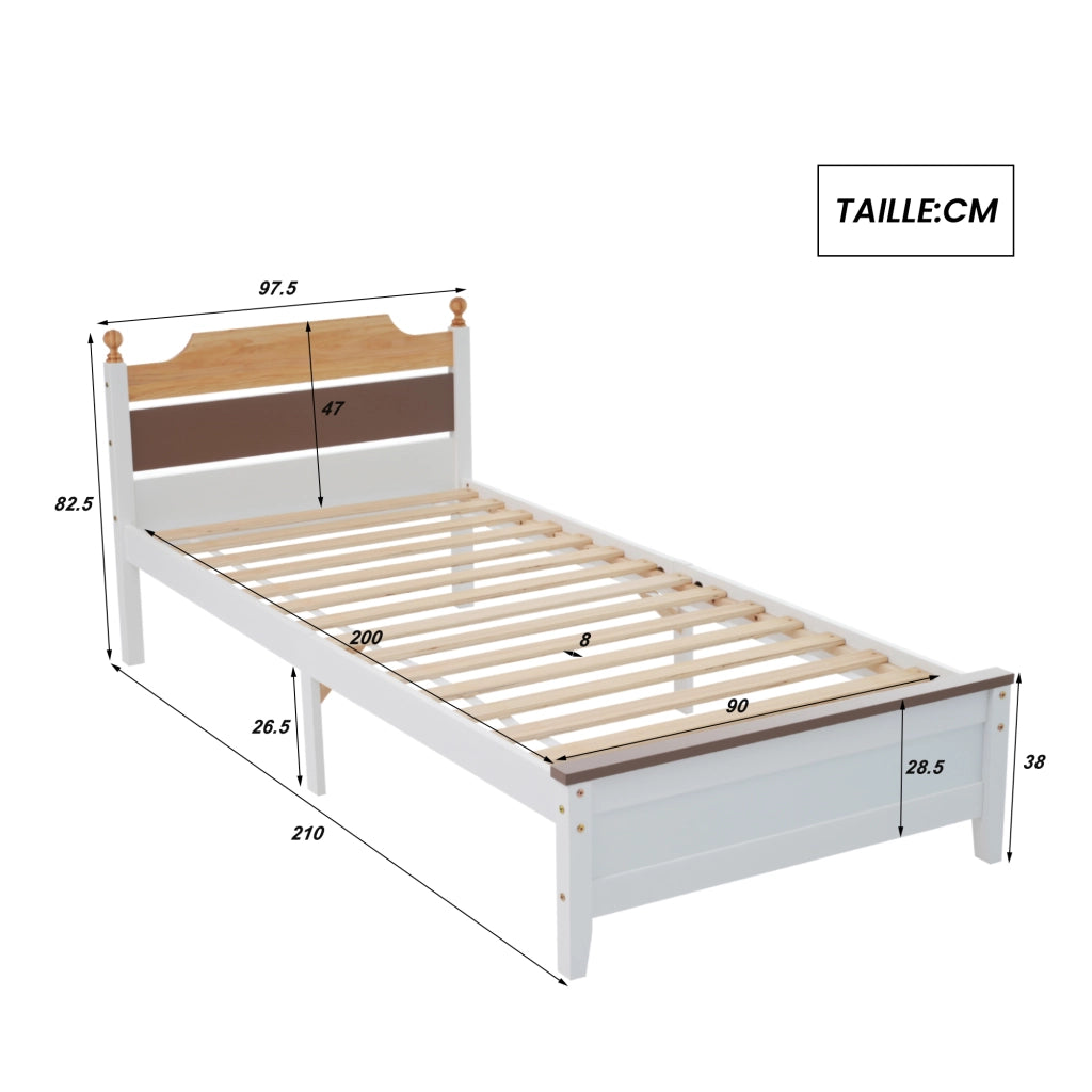 Letto Singolo 90×200 cm; 1 Posto con Testiera e Pediera a Contrasto; senza Materasso; Legno e MDF
