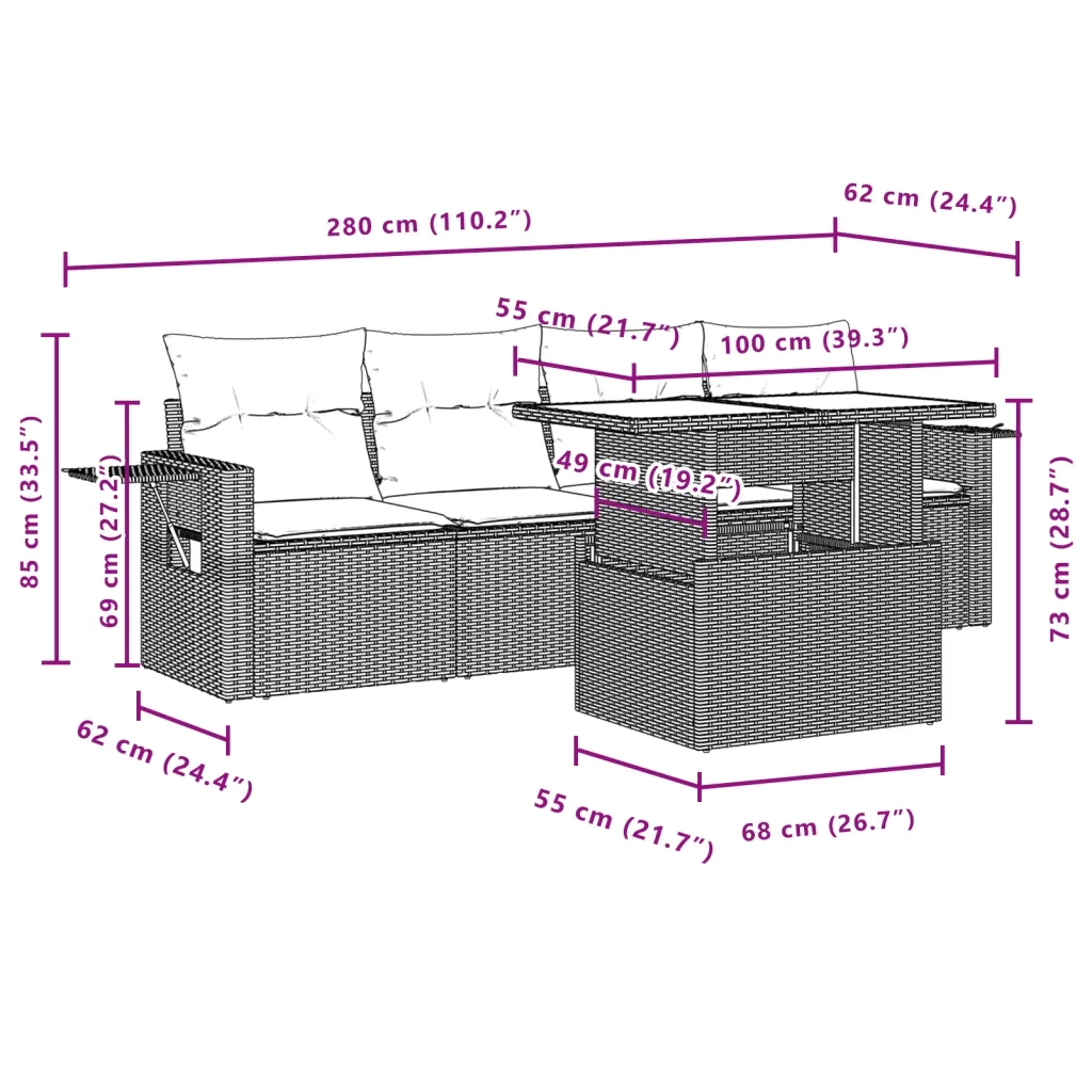Set Divano da Giardino 5 pz con Cuscini Grigio in Polyrattan