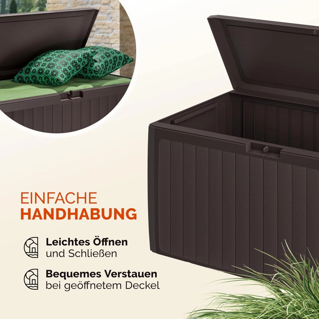 ® Baule da Giardino 117x47x60cm Aspetto Legno 290L Box Multiuso Multibox Cuscini 6 Ruote Coperchio Esterno