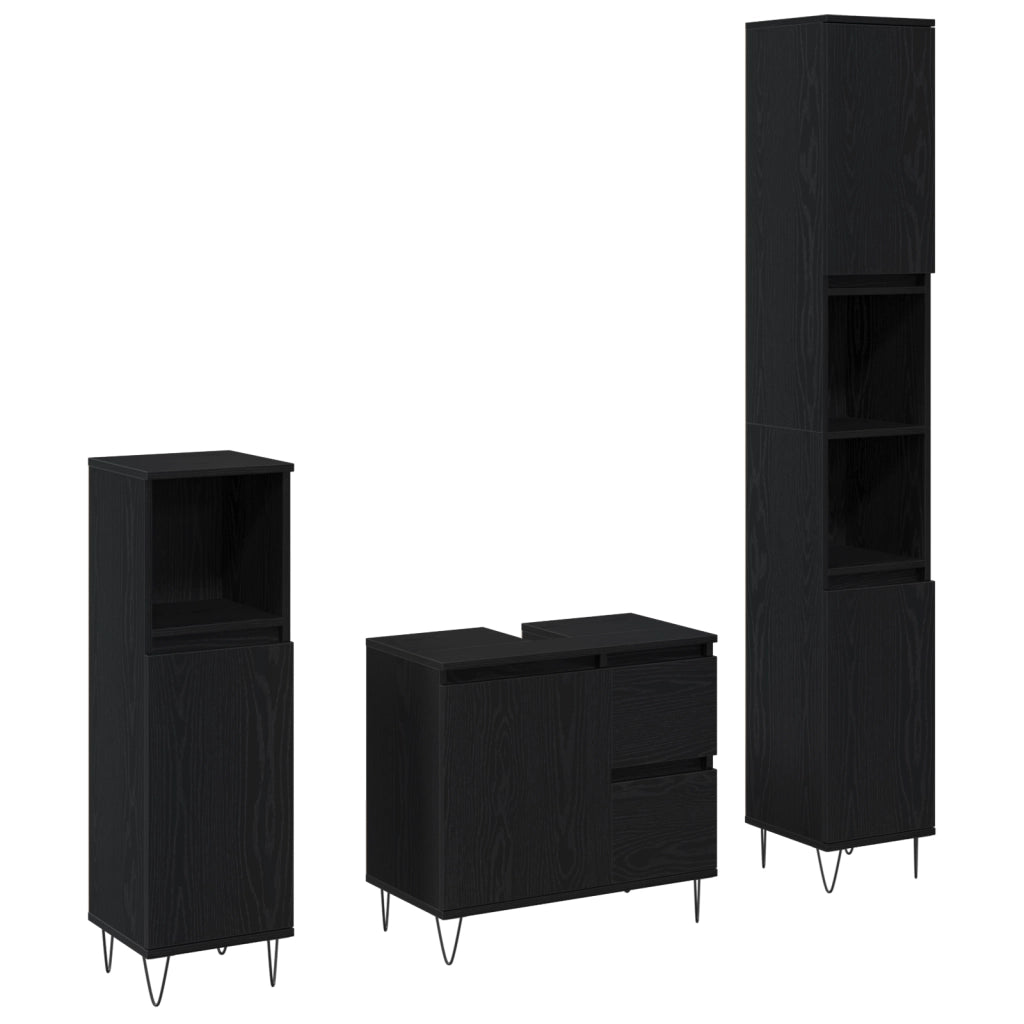 Set di Mobili da Bagno in 3 Pezzi Rovere Nero Legno Ingegnerizzato