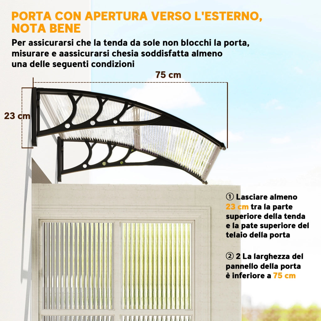 Pensilina da Esterni Impermeabile e Anti-UV, in PC, PP e Alluminio, 75x100x23 cm, Trasparente e Nero