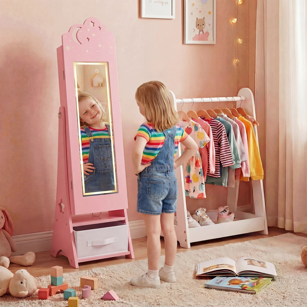 Mobiletto gioielli bambini luci specchio figura intera 4 sensore, Mobiletto portagioielli principessa terra camera sala giochi Rosa